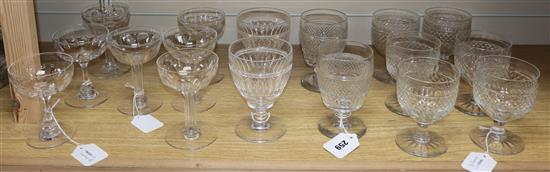 A pair of 19th century cut glass rummers, set of six cut glass goblets, five hollow stem coupes and eight other drinking glasses